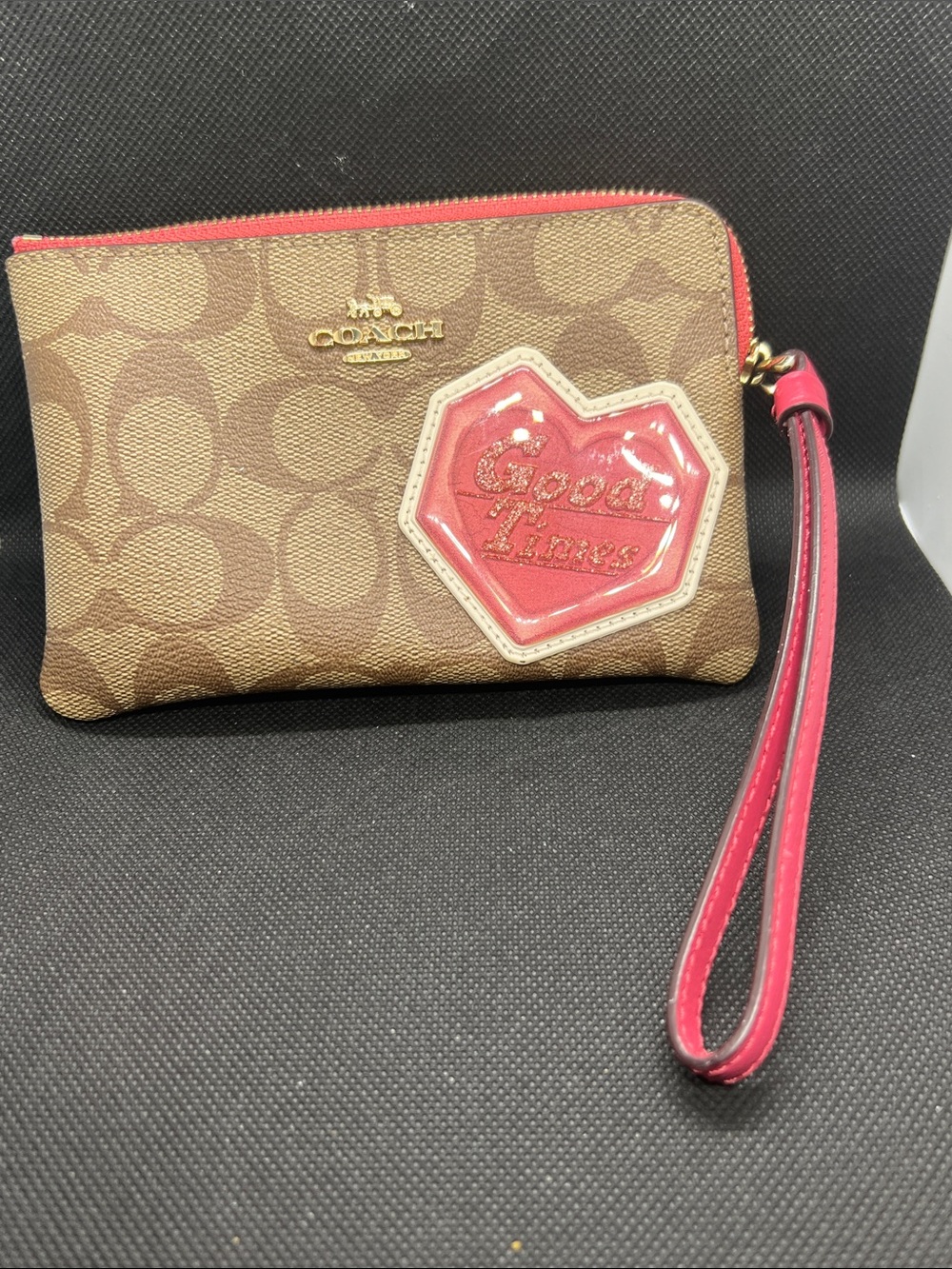 Coach Brown Signature Wristlet with Pink Heart Applique Good Times
